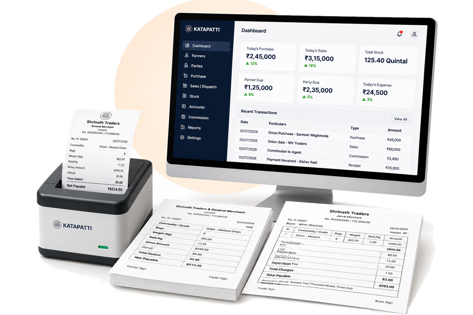 Katapatti mandi software dashboard, receipt printer and invoices